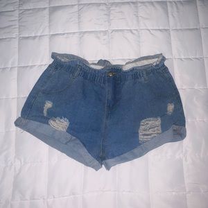PaperBag-Waist Ripped Denim Shorts